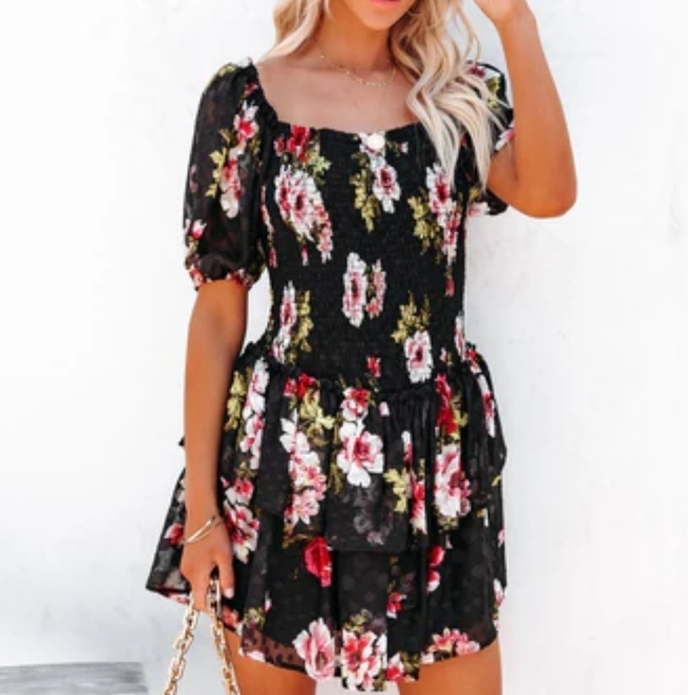 Vici Ready for Romance Smocked Floral Black Mini Dress NEW